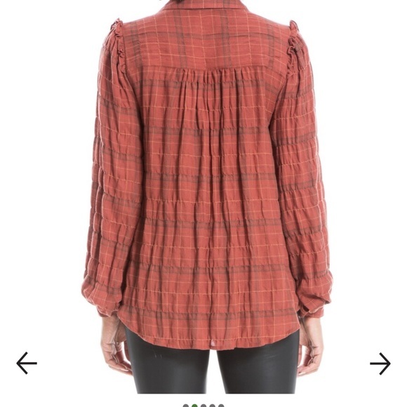 Max Studio Cotton Plaid Feminine Blouse Size S Brown Ruffles Empire Sleeve - Picture 11 of 11